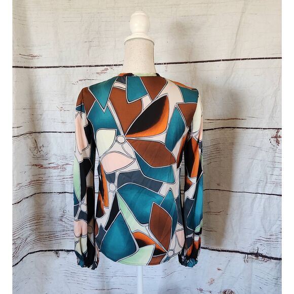 Diane Von Furstenberg Whitman Tie Neck Geometric Blouse Size 0 - Picture 2 of 8